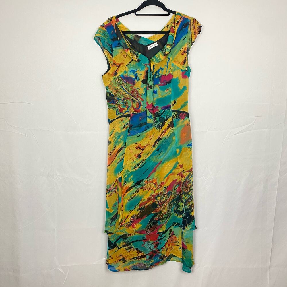 Anne Giorgio Colorful Abstract Midi Dress Women's V-Neck Sleeveless L48" x P2P9"